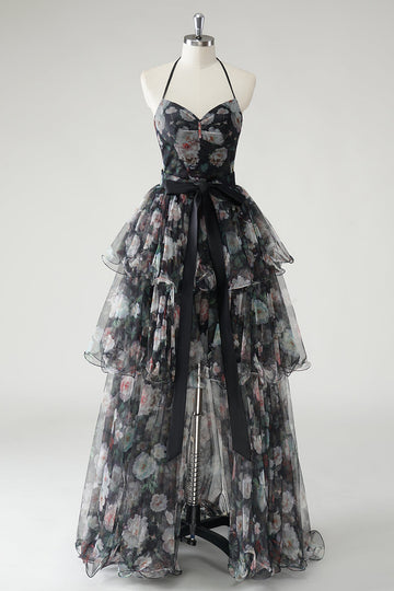 Svart A Line Lagdelt Halter Floral Bryllupsgjest Kjole Med Avtakbar Hem